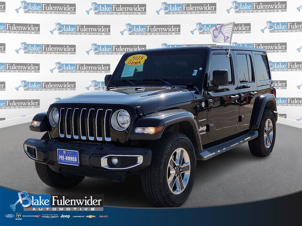 2018 Jeep Wrangler Unlimited Sahara in Black Clearcoat — front three-quarter view